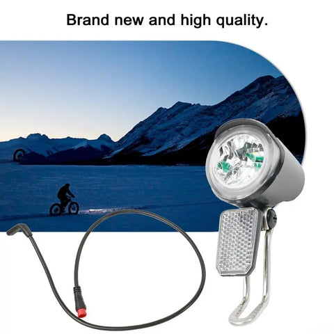 Heavy Duty E Bike Front Headlight 6-60V LED Spotlight With Black ABS Housing For Electric Scooters And Bikes Deliver Bright Long Range Beam You Need To Stay Safe Riding At Night. Front view, 18cm black ABS headlight with cable and bracket.