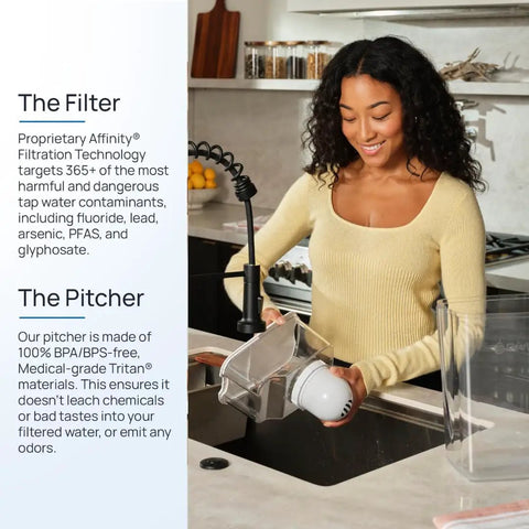 Woman installing Water Pitcher Replacement Filter For Clean Tap Water With Top Tier Filtration Technology in kitchen