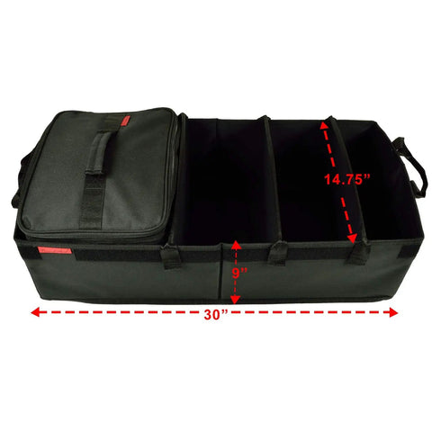 Heavy Duty Trunk Organizer With 28 Can Capacity Leak Proof Cooler, Rigid Base, Adjustable Dividers, 30 Inch Wide By 15 Inch Deep