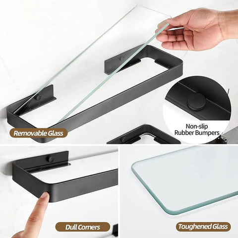 Two Tier Wall Mounted Glass Bathroom Shelves With Floating Tempered Glass Design Rustproof Black Finish Durable Organizer