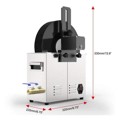 Straight Fire Vinyl Record Washer And Ultrasonic Cleaner with six liter tank, rear view, dimensions highlighted.