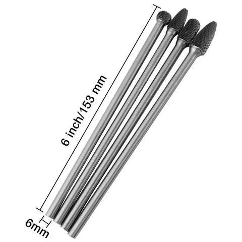 Long Shank Tungsten Carbide Burr Set Four Piece Die Grinder Bits Six Inch Total Length, Durable Metalworking Burrs with 6mm shank