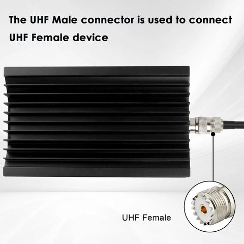 Beefy 200W PL259 UHF Ham Radio Dummy Load with PL259 Male connector, black heat sink shown connected to UHF Female device.