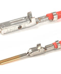 AMP connectors crimped with Pro Grade Open Barrel Crimp Tool For Molex AMP TYCO Deutsch Terminals 24 14 AWG showcasing precision crimps