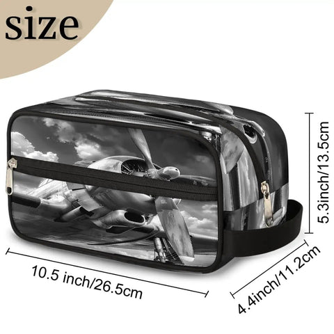Travel Toiletry Bag For Men Women Kids Waterproof Dopp Kit Organizer with airplane print and zipper pocket, size 26.5x11.2x13.5cm