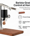 Badass Stainless Steel Manual Lever Espresso Maker With Integrated Pressure Gauge for Barista Level espresso on wooden base.