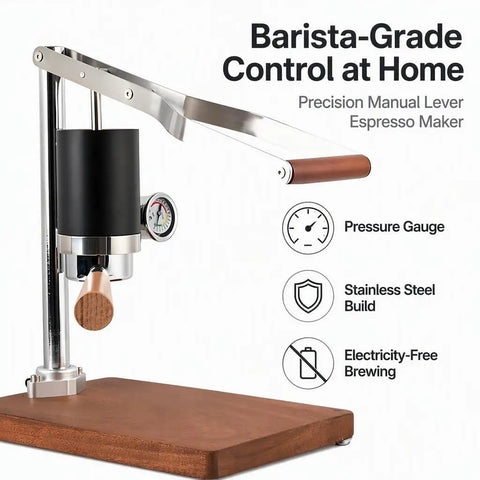 Badass Stainless Steel Manual Lever Espresso Maker With Integrated Pressure Gauge for Barista Level espresso on wooden base.