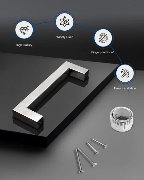 Five Inch Stainless Steel Cabinet Handles 10 Pack Brushed Nickel Modern Kitchen Cupboard Pulls shown with screws and installation features.