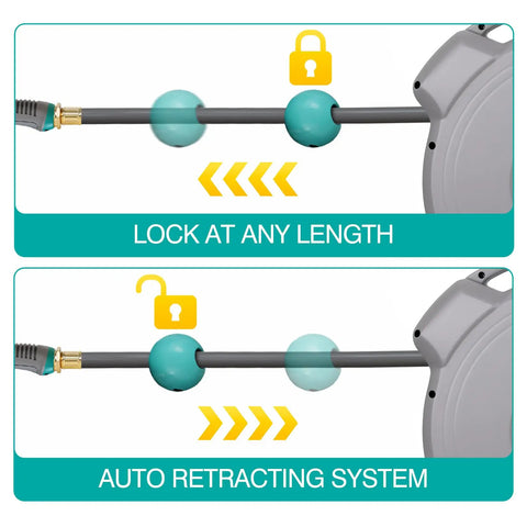 Retractable Garden Hose Reel With Lock At Any Length, 100 Ft Hybrid Hose showing lock and retracting system