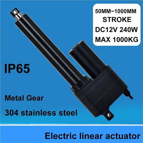 Heavy Duty 12V Electric Linear Actuator Built Like A Tank With Durable Stainless Pipe And IP65 Waterproof Seals, 1000kg max.