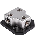 X1 0/4 Gauge Input To Two 0/4 Gauge Outputs Power Distribution Block With Zinc Alloy Mounting Base And Included 1/0 To 4 Gauge Reducers, silver block on black base