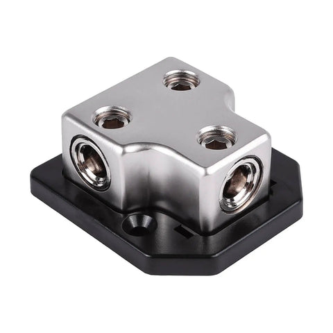 X1 0/4 Gauge Input To Two 0/4 Gauge Outputs Power Distribution Block With Zinc Alloy Mounting Base And Included 1/0 To 4 Gauge Reducers, silver block on black base