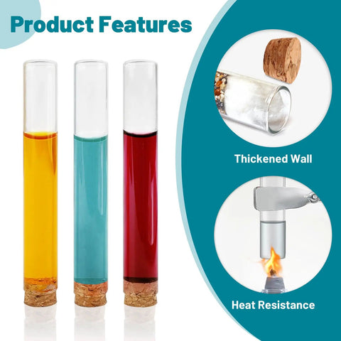 Twelve 30ml Glass Test Tubes With Cork Stopper, 20x150mm Storage Tubes With Cap, shown with liquid, heat resistant feature.