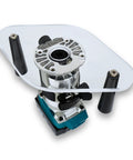 Lock Into Place With This Clear Acrylic Router Base Plate Six By Ten Inch Dual Grip Handles Fits Compact Router Models Pre Drilled Holes shown with router.