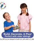 Monster Truck DIY Wood Kit For Kids 4-7 With Screws, Screwdriver, And Sticker Sheet, Kid-Friendly STEM Craft Kit For Home And School, Learn Basic Woodworking While Building A Cool Monster Truck; two kids hold finished car
