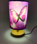 Chic Purple Butterfly Table Lamp With Wooden Base Bedside Light, Cute Dorm Room Decor, Small Size Nightstand Glow, Includes 3W LED Bulb.