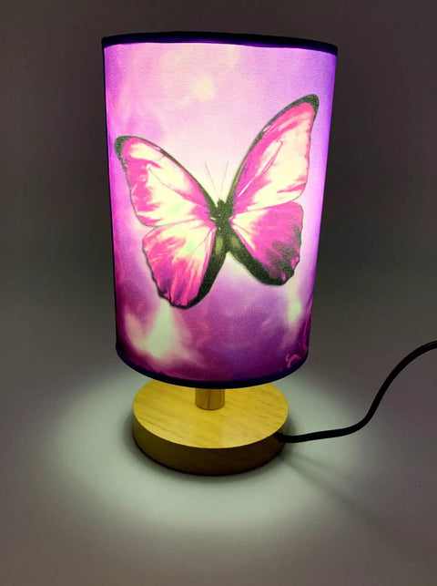 Chic Purple Butterfly Table Lamp With Wooden Base Bedside Light, Cute Dorm Room Decor, Small Size Nightstand Glow, Includes 3W LED Bulb.