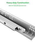 Super Smooth Dead Quiet Glide Heavy Duty Undermount Soft Close Drawer Slides Twenty Inch Full Extension Ball Bearing Rails showing galvanized steel construction details.