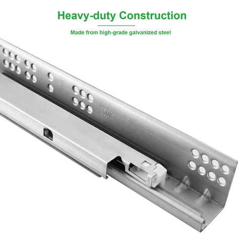 Super Smooth Dead Quiet Glide Heavy Duty Undermount Soft Close Drawer Slides Twenty Inch Full Extension Ball Bearing Rails showing galvanized steel construction details.