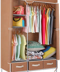 Kickass Portable Folding Wardrobe Closet Nonwoven Fabric Dust Proof Storage Cabinet with clothes and bags organized on shelves.