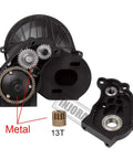 Black complete gearbox transmission for one tenth scale Axial SCX10 II 90046 RC crawler, visible internal metal gears.