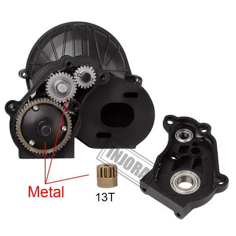 Black complete gearbox transmission for one tenth scale Axial SCX10 II 90046 RC crawler, visible internal metal gears.
