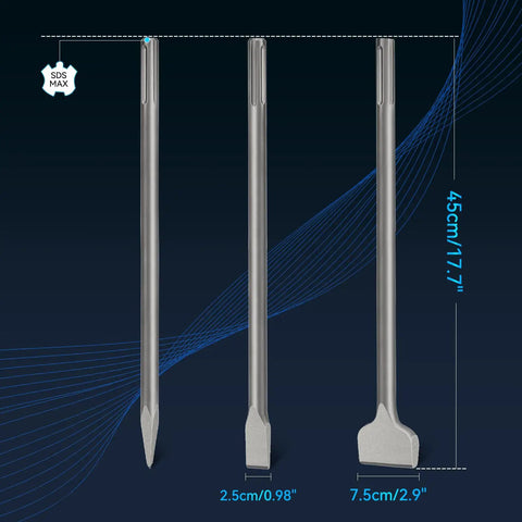 3 Piece SDS Max Chisel Set For Rotary Hammer Drills showing 18 inch point, flat, and wide chisels for masonry and concrete work.