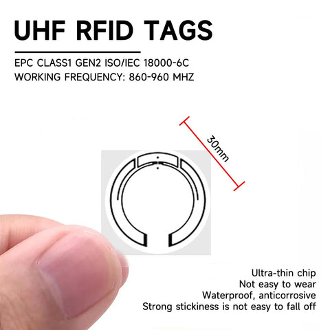 Close-up of one of the 100 Pcs UHF RFID Sticker Tags 860 960 MHz Long Range RFID Labels, showcasing design and dimensions.