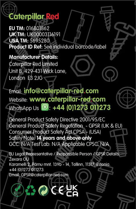 Caterpillar Red product label with details including EU, UK, USA TM and safety notes. Manufacturer contact info and product ID reference.