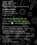 Caterpillar Red product label with contact information and safety notes against a black background with hardware illustrations.