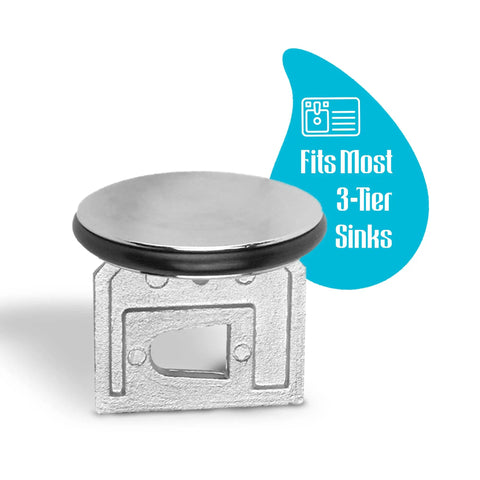 Twist Waste Drain Valve Plunger With O Ring for 3 Tier Sink, chrome valve with black O-ring, fits 3-compartment sinks
