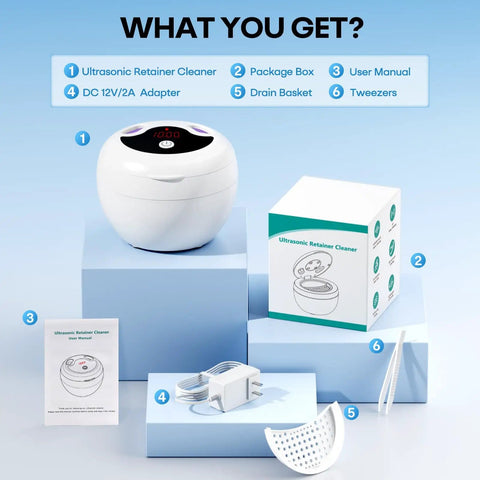 48kHz Ultrasonic Retainer Cleaner For Dentures Mouth Guards Braces Aligners Toothbrushes And Jewelry 200ML Capacity White with accessories