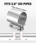 3 Inch Exhaust Clamp Butt Joint Band Sleeve Connector Stainless Steel For Pipes Mufflers Catalytic Converters And Exhaust System Components 2 Pack Perfect Fit For Easy Installation Durable Corrosion Resistant shown fitting 3.0 OD pipes.