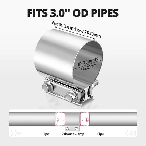3 Inch Exhaust Clamp Butt Joint Band Sleeve Connector Stainless Steel For Pipes Mufflers Catalytic Converters And Exhaust System Components 2 Pack Perfect Fit For Easy Installation Durable Corrosion Resistant shown fitting 3.0 OD pipes.
