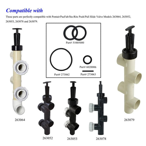 All In One O Ring Kit For Two Full Valve Rebuilds Fits Push Pull Slide Valves For Pool Equipment Compatible With Pentair PacFab Sta Rite Includes Cap Washer O Rings Piston Shaft O Rings Handle To Cap O Rings And Stainless Steel Handle Pins, shown with various compatible valve models and O-rings.