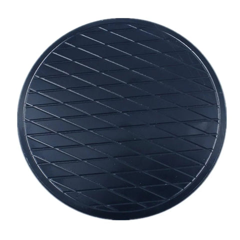 Round black anodized jack pad adapter with diagonal grid surface