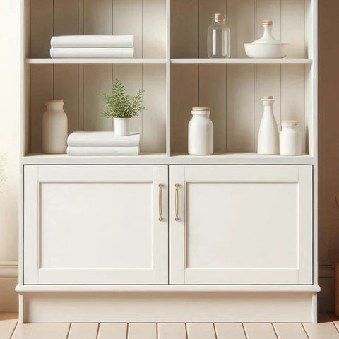 White cabinet with shelves, decorated with ceramics, featuring 10 Pack Five Inch Champagne Bronze Cabinet Pulls Solid Zinc Alloy For Kitchen Cabinets Dressers Closets And Bathroom Hardware Modern Boss Ready Cabinet Handles For Drawers.