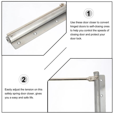 Automatic Door Closer With Adjustable Speed In Stainless Steel Spring Loaded Self Closing Door Hardware For Home And Hotel Rooms Quiet Close Slam Prevention Easy Tension Adjustment, showing tension adjustment mechanism.