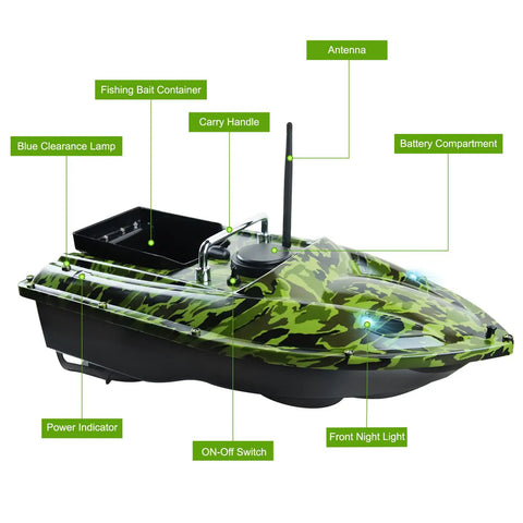 RC Bait Boat For Fishing With Long Range Remote Control 546 Yards And 3.3 Lb Load Capacity Waterproof Camouflage Green Hull
