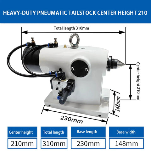 Heavy Duty Pneumatic CNC Four Axis Telescopic Tailstock MT 4 Live Center dimensions with center height 210mm, total length 310mm.
