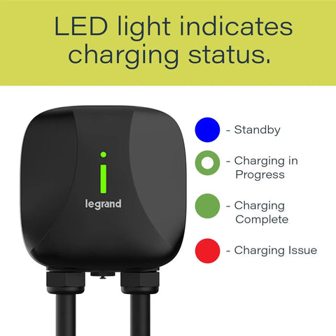 Hardwired Level 2 EV Charger 48 Amp Indoor Outdoor Car Charging Station With 18 Foot Cable Black with LED charging status lights.