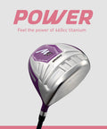 M5 Women’s Golf Clubs Set For Right Hand Players with titanium 460cc driver in purple, close-up on club head design