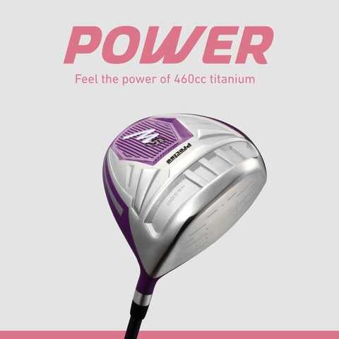 M5 Women’s Golf Clubs Set For Right Hand Players with titanium 460cc driver in purple, close-up on club head design