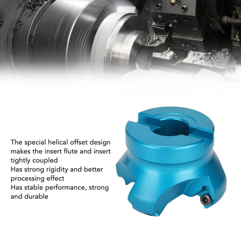 Blue metal lathe face mill tool holder with circular bore and clamp screw for aluminum alloy machining, side view.