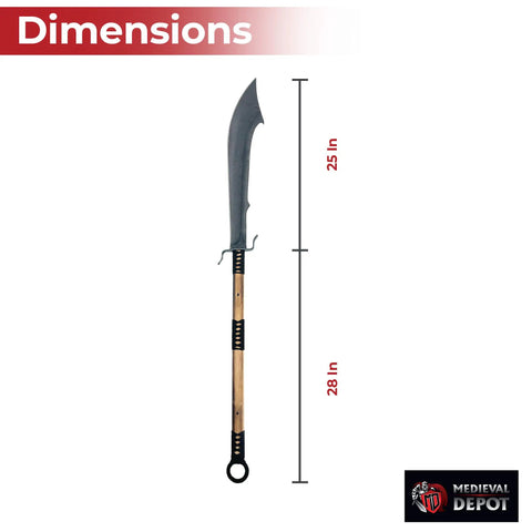 Beefy 53 Inch Chinese Podao Halberd Polearm with Hand Forged High Carbon Steel Blade and 28 Inch Antiqued Hardwood Handle dimensions