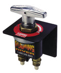 Flaming River FR1003 battery disconnect switch with chrome toggle; front view on black plate, two terminal posts.