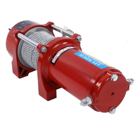 Heavy Duty 4500lb Electric Winch Kit with Roller Fairlead; red steel construction for trucks and trailers.