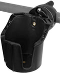Black rail mount boat cup holder with locking base attached to a gray rail, anti spill, fits 20-25mm rails for pontoon and bass boats.