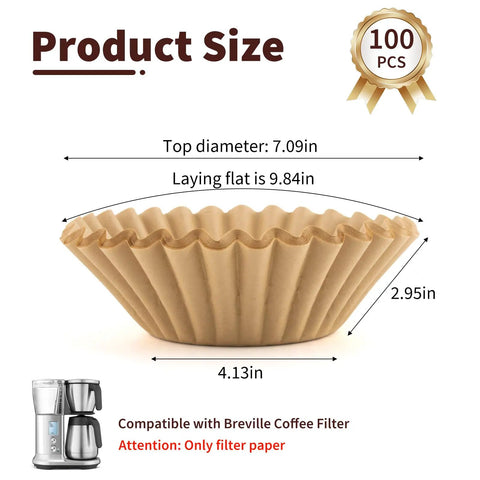 Heavy Duty Unbleached Paper Coffee Filters 100 Count Disposable Basket Style Brew Bags dimensions with size details.