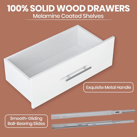 Close-up of 4 Drawer Stackable Closet Organizer Unit With Drawers, showing white wood drawer with metal handle and slides.